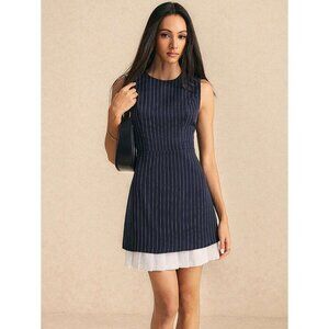Navy pinstriped Sleeveless Mini Dress Pleat Hem Plazacore Business Minimalist